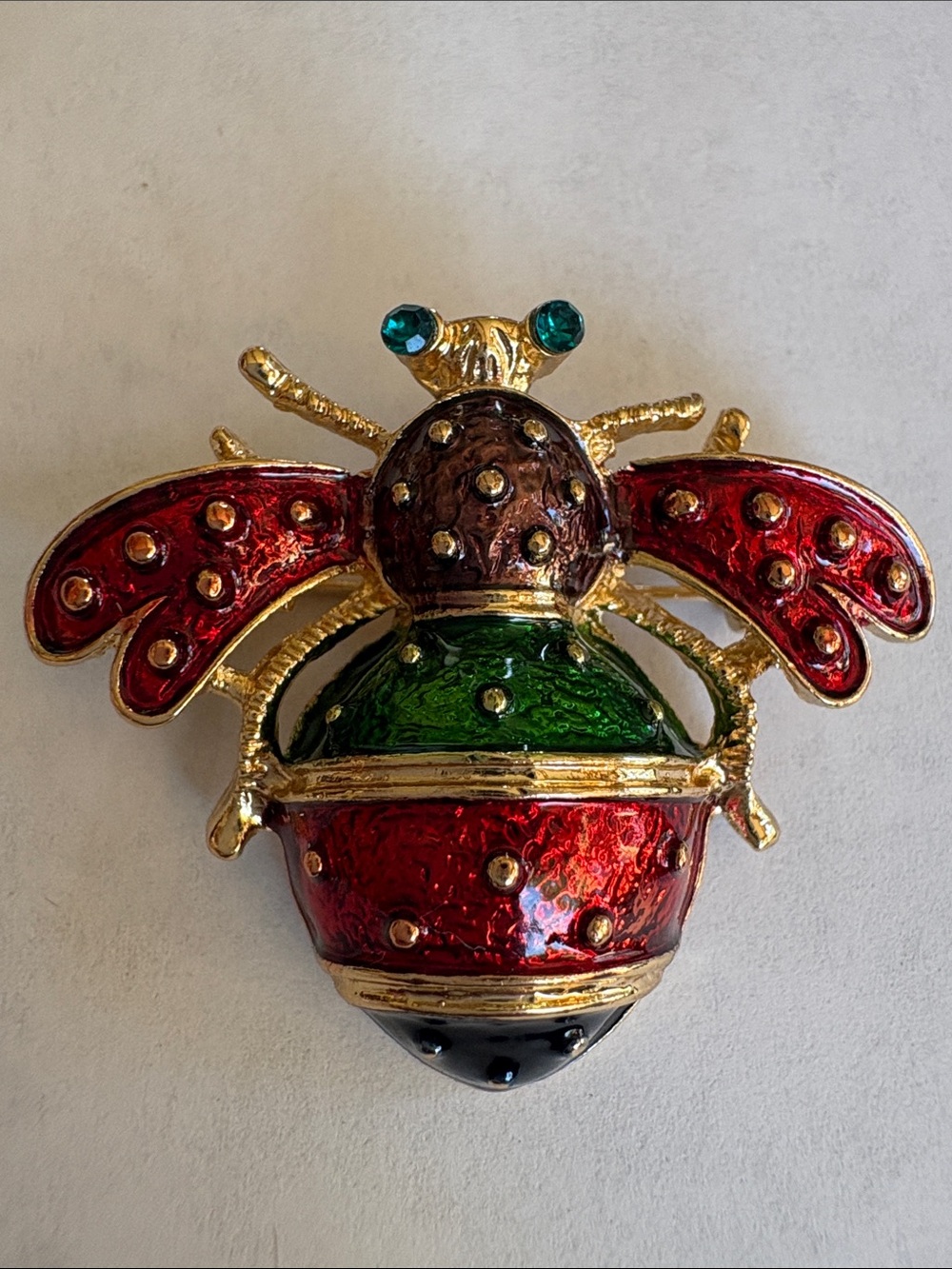 Gold-Tone Multicolor Enamel Bee Brooch with Red and Green Accents